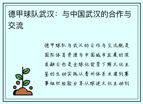 德甲球队武汉：与中国武汉的合作与交流