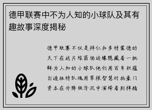 德甲联赛中不为人知的小球队及其有趣故事深度揭秘